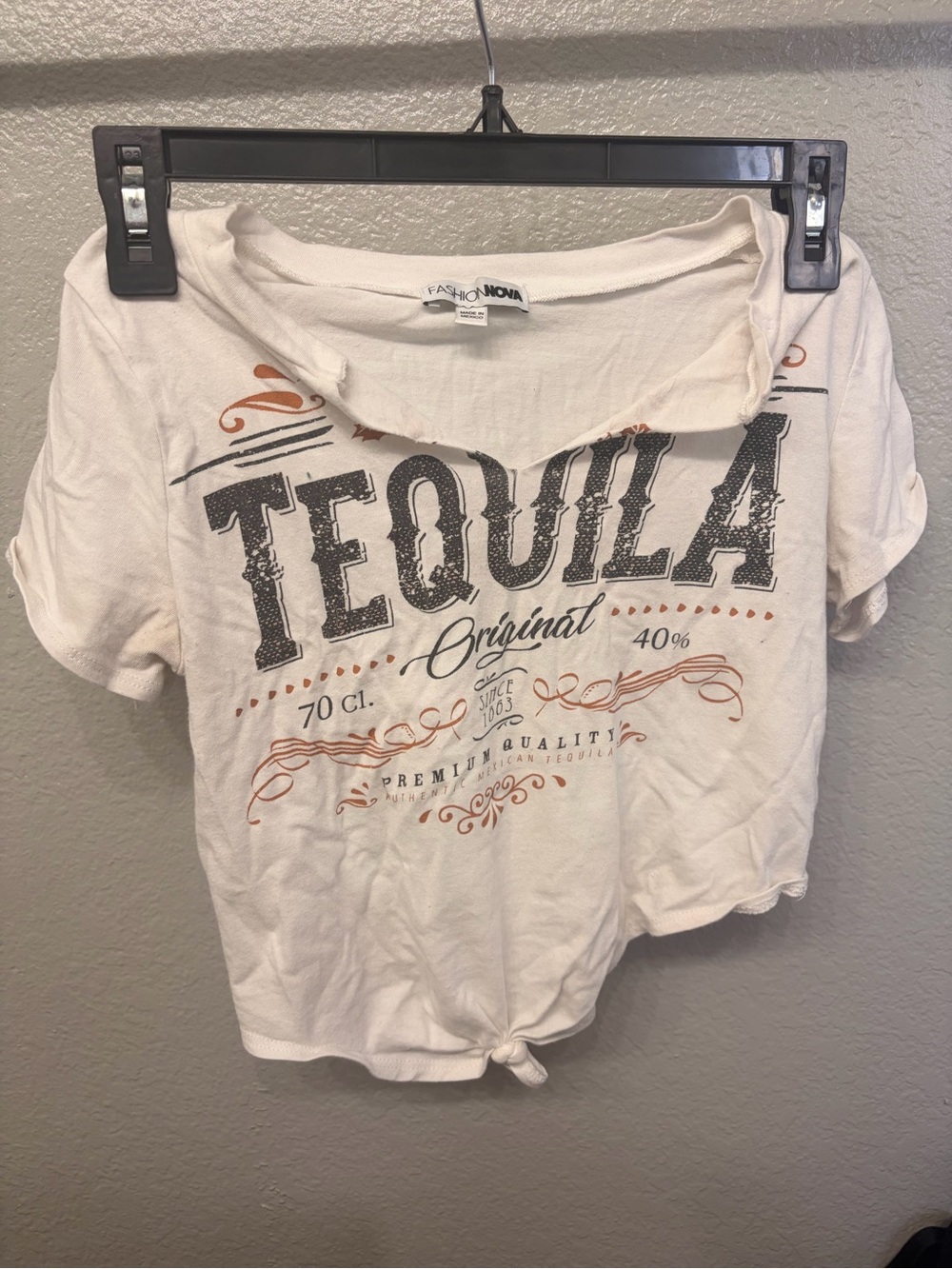 Fashion Nova White Tequila Graphic Knot Front Crop Top